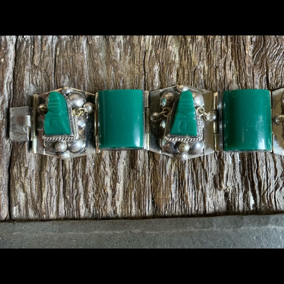 VINTAGE MEXICO JADE GLASS STERLING SILVER BRACELET - Picture 7 of 12